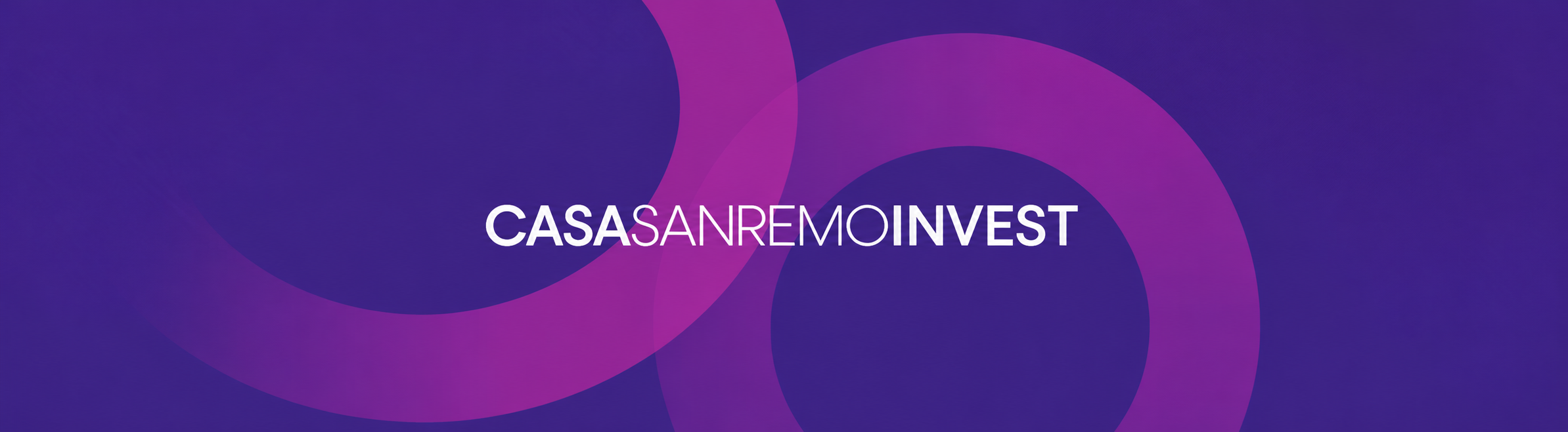 Logo Casa Sanremo Invest su sfondo viola con forme circolari astratte.