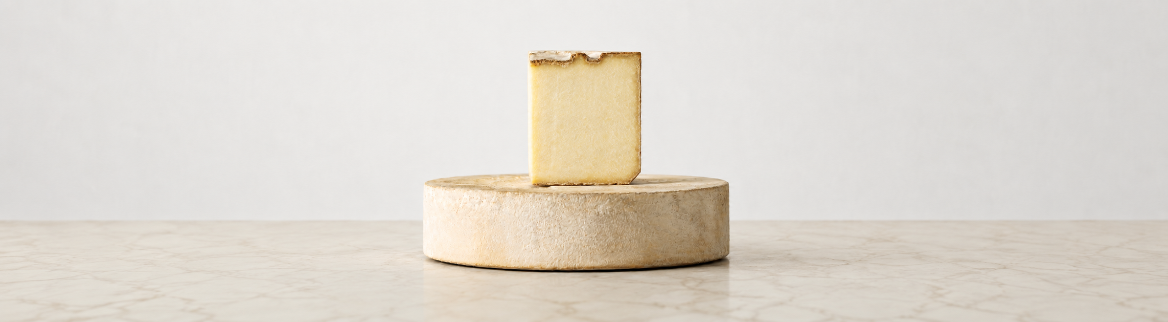 Forma di formaggio stagionato con una fetta rettangolare appoggiata sopra, su sfondo neutro.